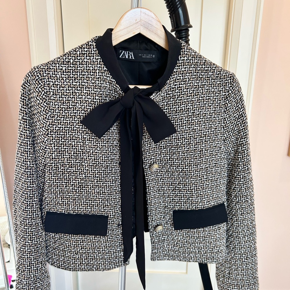 Zara Black and White Tweed Blazer with Bow Detail